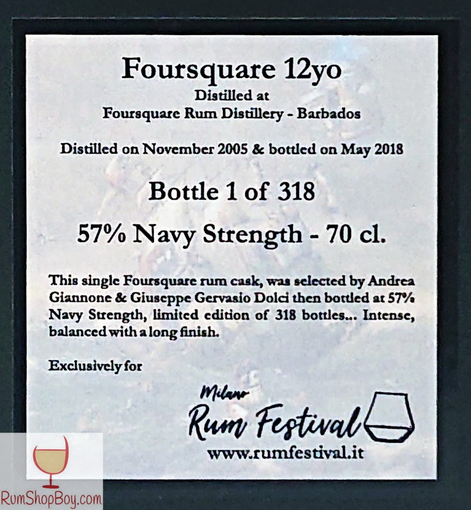 Foursquare 2005 Milano Rum Festival 12yo Box (Rear Label)